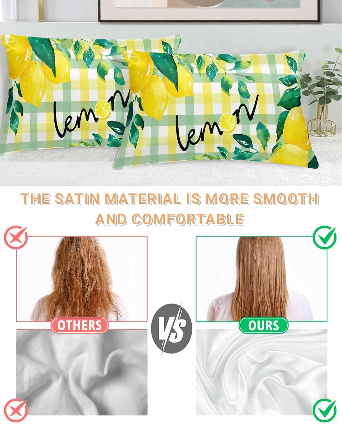 Satin Pillowcases Standard Size, Summer Lemon Silk Pillow Cases for Hair and Skin with Zipper 2 Pack, Botanical Fruit Leaves Yellow Green Striped Smooth Throw Pillow Covers for Sleeping, 20"x26"
