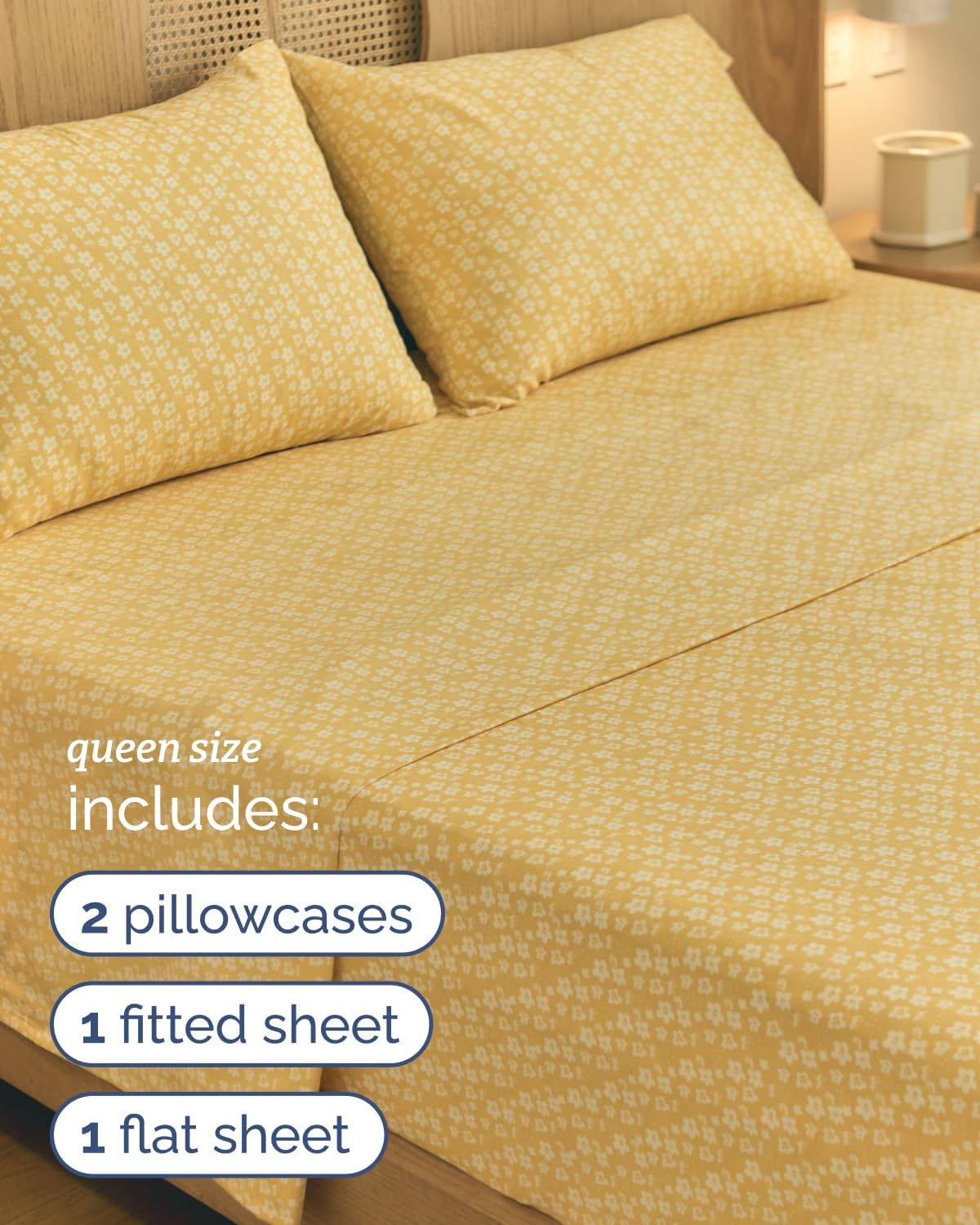 Queen 4 Piece Floral Sheet Set - Soft, Breathable & Cooling - Yellow Meadow