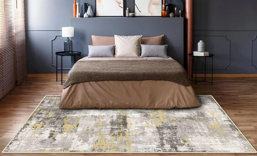 5x7 Area Rugs - Ultra-Thin Washable Rug with Non-Slip Backing, Ideal for Living Room, Bedroom, Kitchen Floor Carpet - Modern Abstract Style, Easy Clean, Durable, Low Pile Rug Yellow