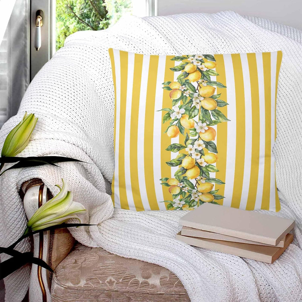 Yellow Lemon Floral Leaf 2PCS Throw Pillow Covers for Couch Sofa Bed, Vertical Stripe Pillow Covers 16x16 inch, Standard Pillowcases Set Decorative Cushion Covers for Living Room Bedroom