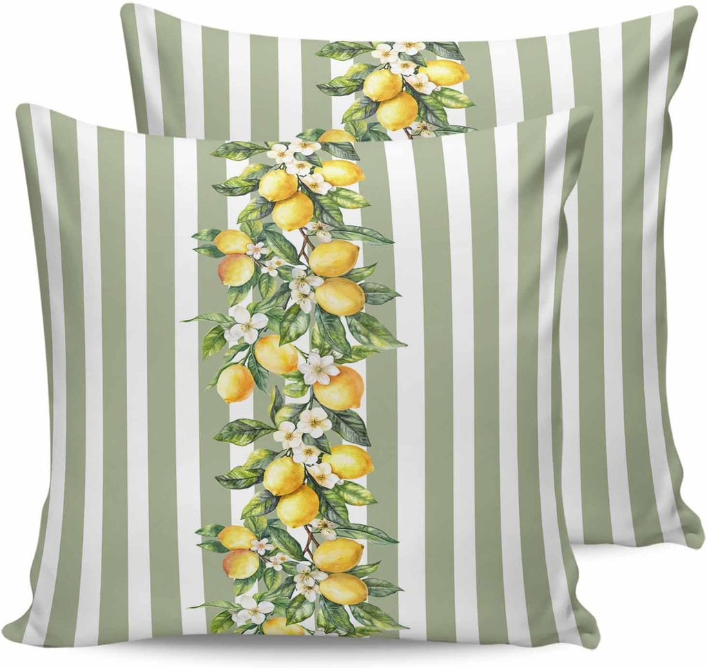 Retro Yellow Lemon 2PCS Throw Pillow Covers for Couch Sofa Bed, Sage Green Stripe Pillow Covers 16x16 inch, Standard Pillowcases Set Decorative Cushion Covers for Living Room Bedroom