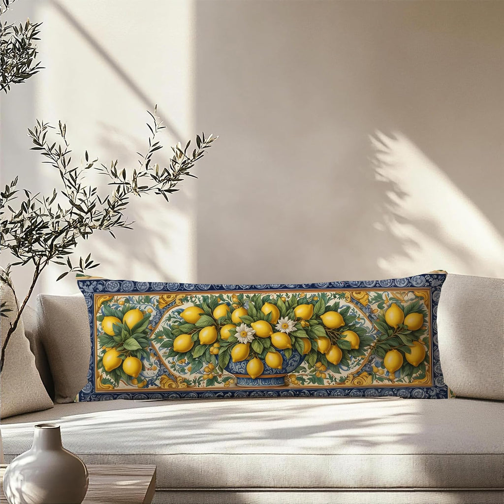 Yellow and Blue Italian Lemon 20x54 Body Pillow Cover, Summer Mediterranean Tiles Amalfi Coast Lemon Body Pillow Pillowcase with Zipper for Bed Couch