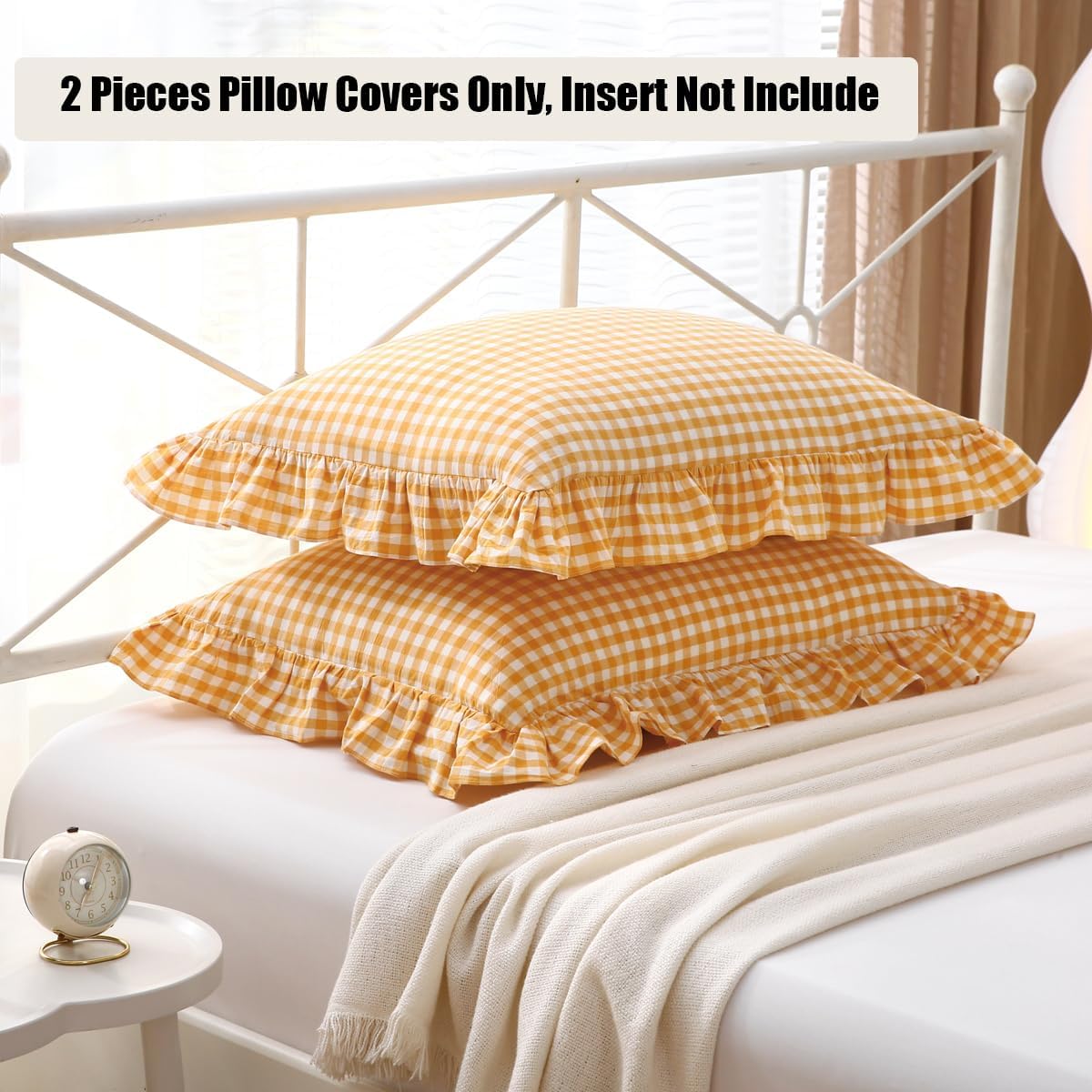 Mustard Yellow Gingham Ruffle Pillow Shams Standard Size Set of 2