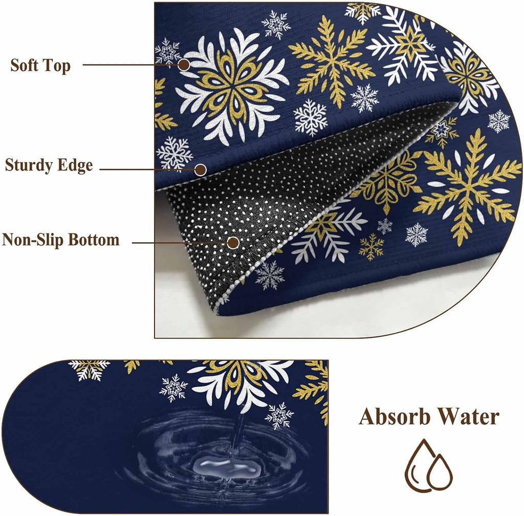 Retro Yellow Snowflake 2x3 Area Rugs for Living Room, Winter Christmas Navy Background Non Slip Floor Mat Washable Low-Profile Indoor Carpet for Bedroom, Dining Room, Bathroom