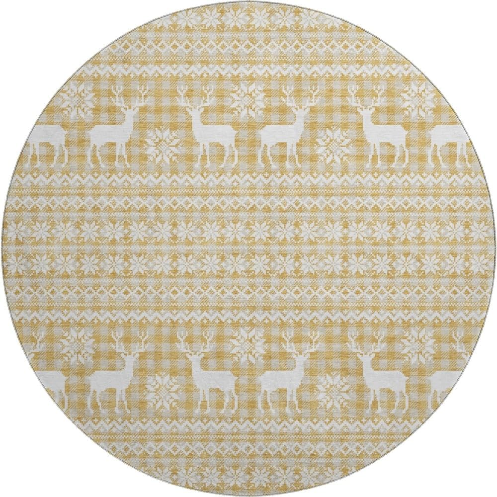 Holiday Festive Theme Soft Plush Thick Pile Christmas Area Rug Round 8' x 8' | Winter Cheer Xmas Playful Deer Snowflakes Plaid Patterns Gold Yellow White Color | Washable Nonslip Indoor Outdoor Rugs