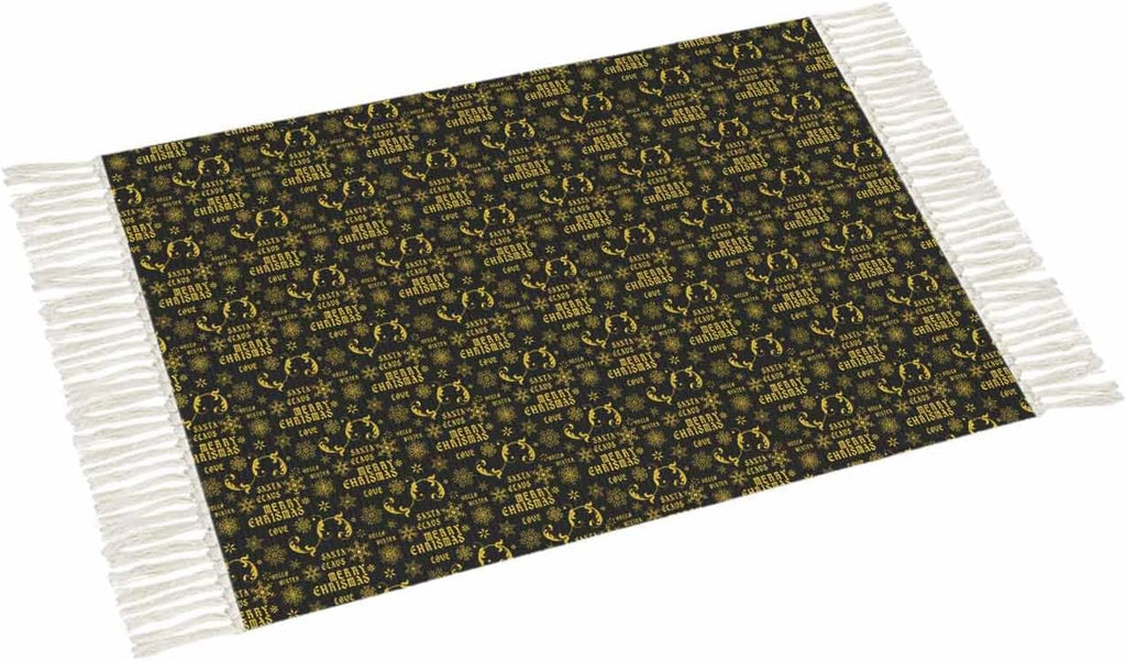 Christmas Black Area Rug 3x5ft Woven Runner Rug,Winter Xmas Yellow Snowflake Retro Washable Living Room Hallway Bedroom Kitchen Carpet with Tassels,Non-Shedding Indoor Throw Door Mat for Entryway