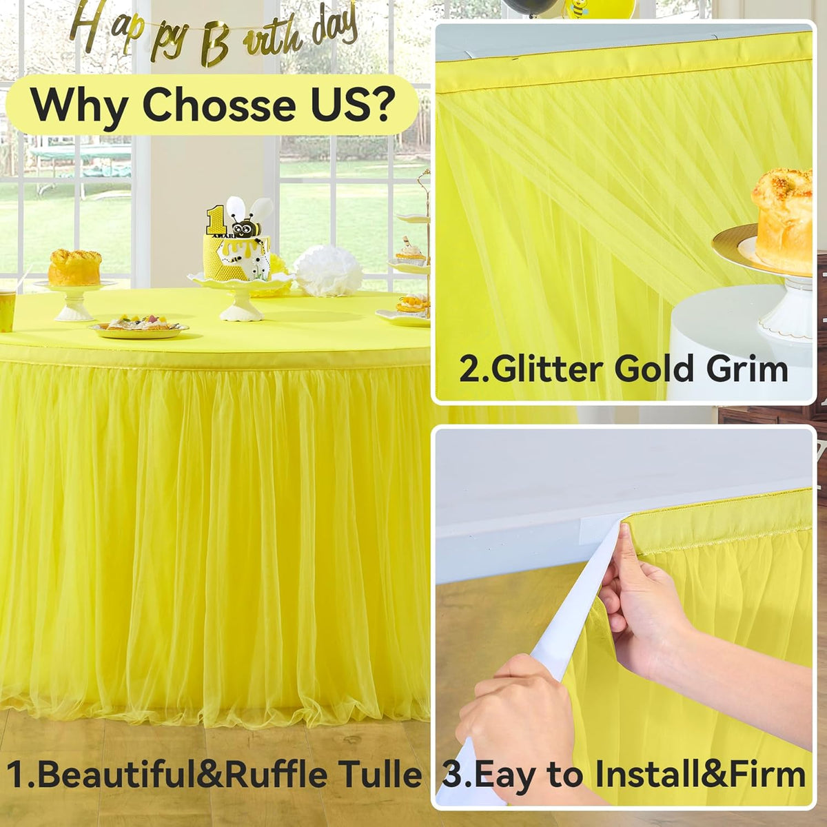 72in Yellow Tulle Table Skirts for Rectabgle Tables 6/4ft, 2-Layer Gold Grim Ruffle Tulle Tutu Cloth Table Skirt 6ft Decor Bee Themed Birthday Party Wedding Baby Shower Cake Dessert(No Table Cover)