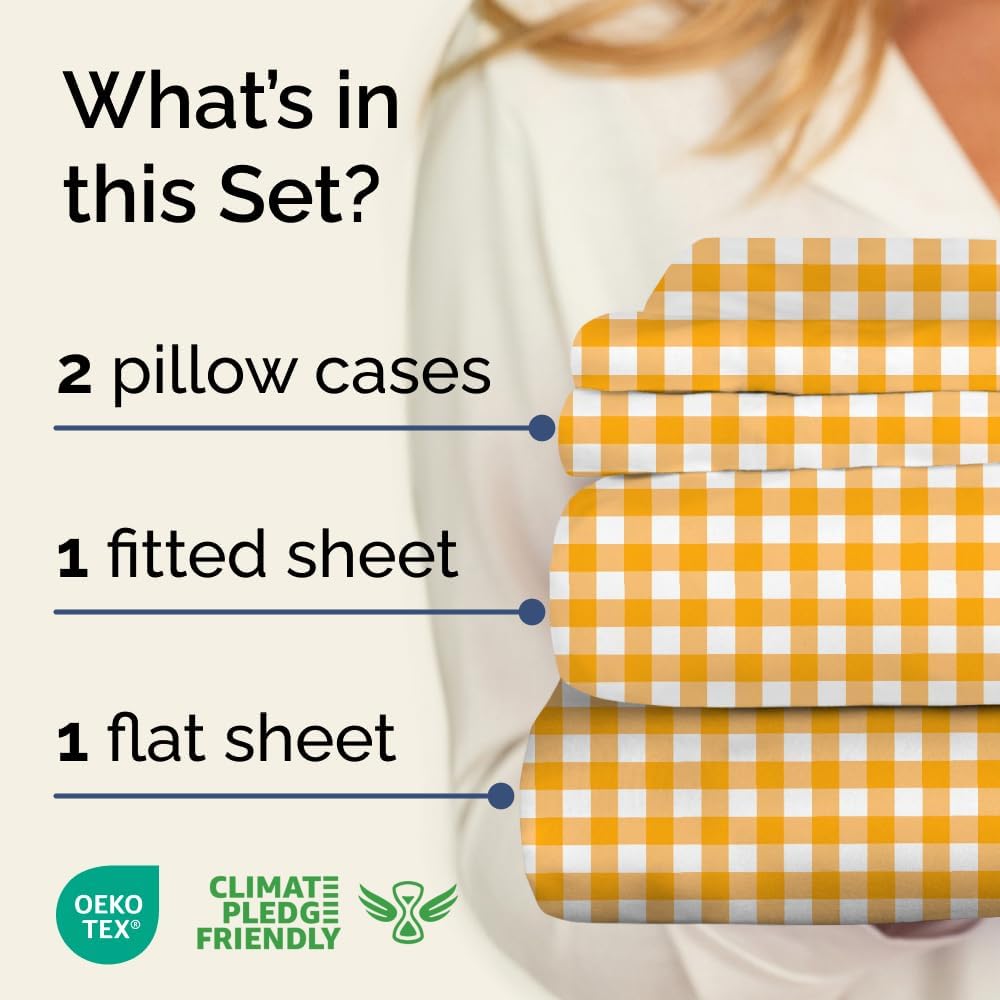 King 4 Piece Striped Sheet Set - Breathable & Cooling - Orange Gingham