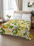 Queen Size Top Sheet Only, Farm Fruits Lemon Floral Flat Sheet Microfiber Breathable Soft Bed Sheets, Yellow Wood Texture Hotel Bedding Flat Sheets for Bedroom