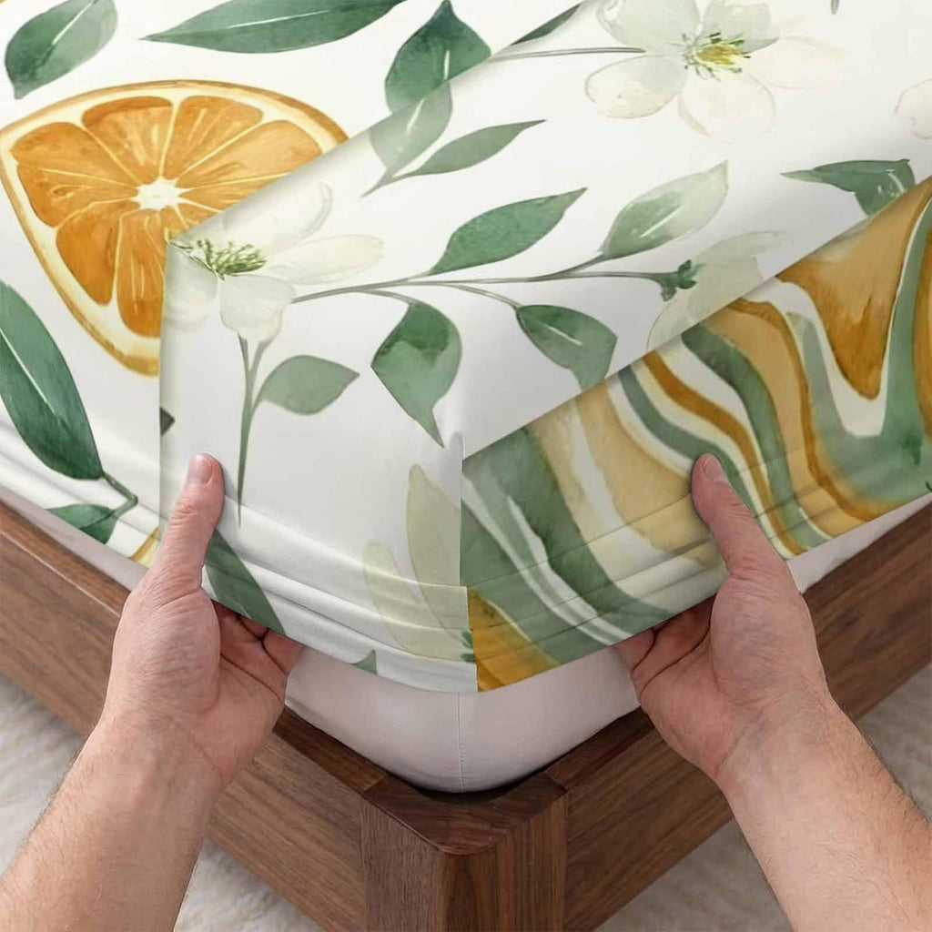 Twin Sze Fitted Sheet Set - Yellow Lemons 2 Piece Bedding Sets 16" Deep Pocket Fitted Sheet with 1 Pillowcase, Summer Botanical Green Leaves Fruits Striped Brushed Microfiber Hotel Luxury Bed Sheets