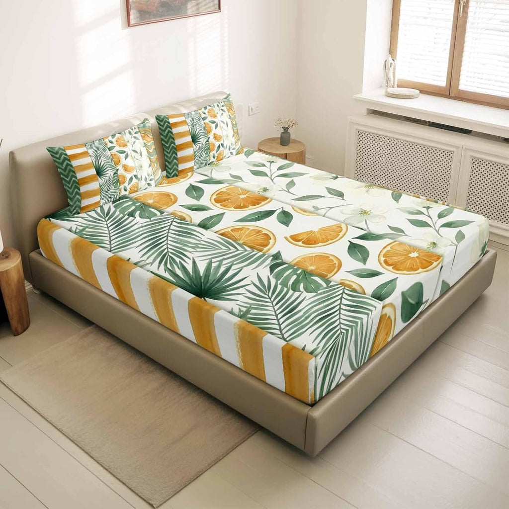 Twin Sze Fitted Sheet Set - Yellow Lemons 2 Piece Bedding Sets 16" Deep Pocket Fitted Sheet with 1 Pillowcase, Summer Botanical Green Leaves Fruits Striped Brushed Microfiber Hotel Luxury Bed Sheets