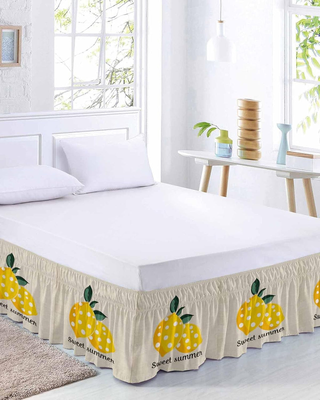 Yellow Lemons Bed Skirt Queen Size 16 Inch Drop, Adjustable Elastic Wrap Around Bed Skirts Easy Fitting Dust Ruffle Bedskirt Bed Frame Cover Summer Botanical Farmhouse Rustic