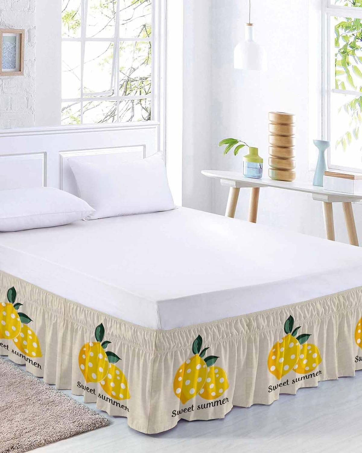 Yellow Lemons Bed Skirt Queen Size 16 Inch Drop, Adjustable Elastic Wrap Around Bed Skirts Easy Fitting Dust Ruffle Bedskirt Bed Frame Cover Summer Botanical Farmhouse Rustic