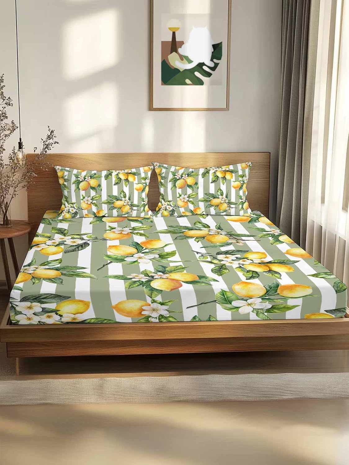 3 Pieces Twin Fitted Sheet Set, Vintage Farm Lemon Flowers Deep Pocket Up to 16", Yellow Fruit on Sage Green Stripe Soft Elastic Bed Sheets and Pillow Cases Secure Fit