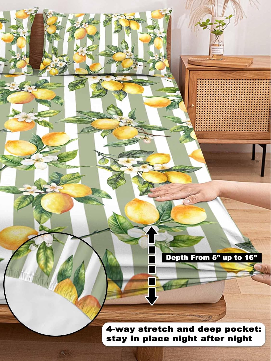 3 Pieces Twin Fitted Sheet Set, Vintage Farm Lemon Flowers Deep Pocket Up to 16", Yellow Fruit on Sage Green Stripe Soft Elastic Bed Sheets and Pillow Cases Secure Fit