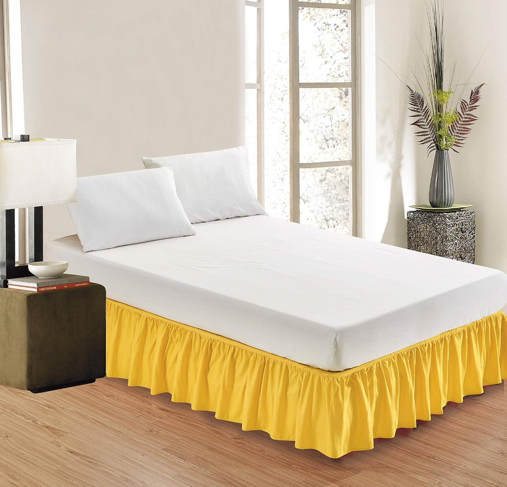 Sheets & Beyond Wrap Around Solid Microfiber Luxury Hotel Quality Fabric Bedroom Gathered Ruffled Bedding Bed Skirt 14 Inch Drop (King, Yellow)