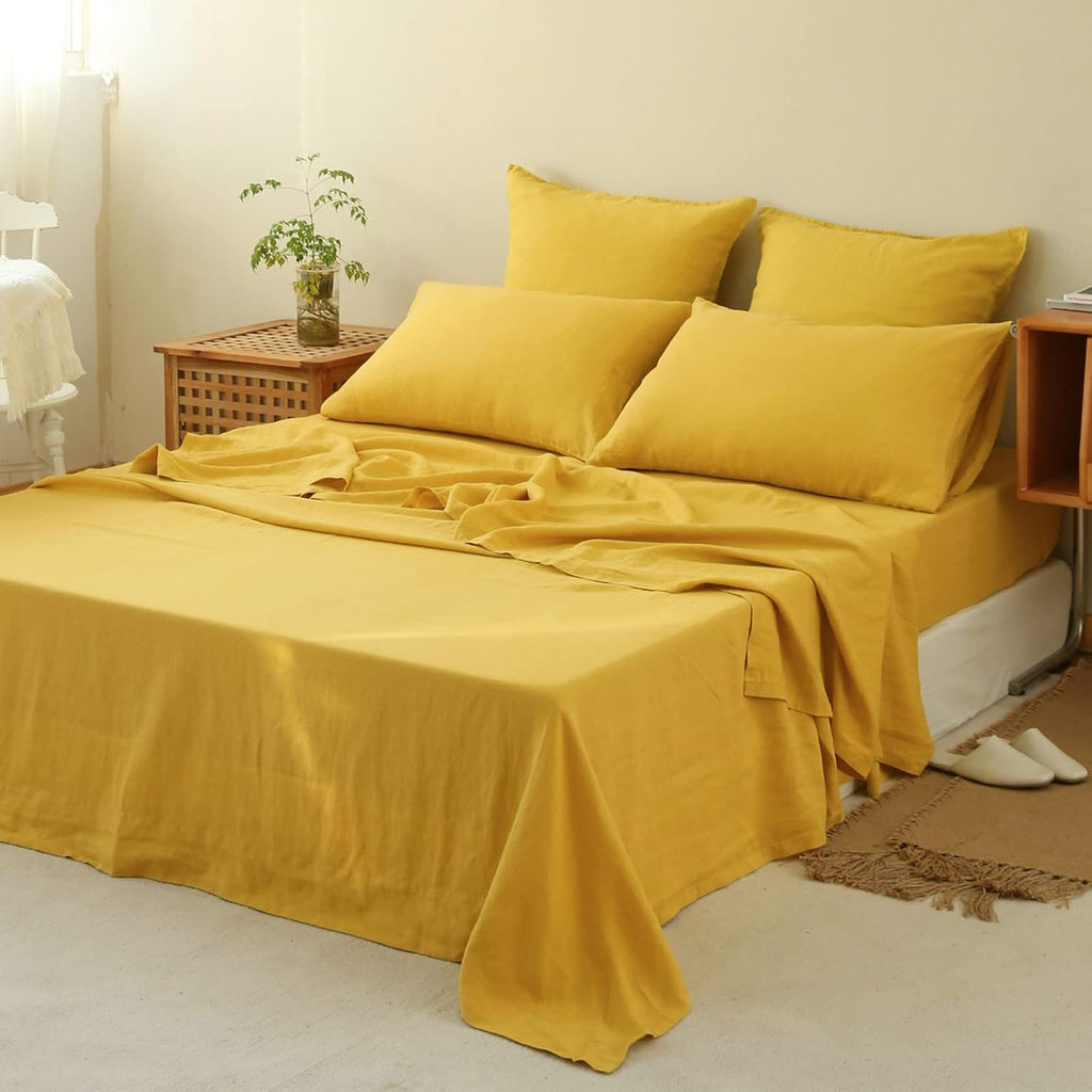 100% Linen Sheet Set 4pcs Basic Style, Deep Pocket, Natural French Washed Flax Solid Color Soft Breathable Bed Sheets - Mustard Yellow, Queen