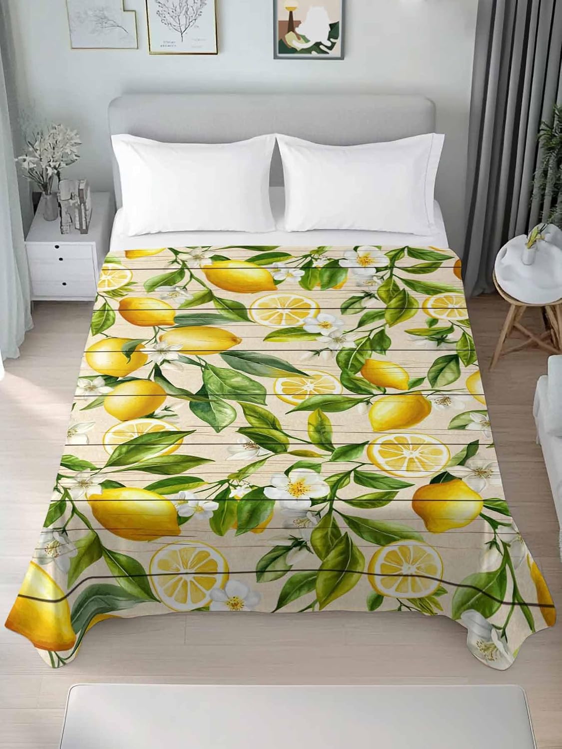 Twin Flat Sheet Only,Farm Fruits Lemon Floral Top Sheet Breathable Soft Brushed Polyester Microfiber Bed Sheets,Yellow Wood Texture Hotel Luxury Bedding Sheets for Women,Men,Teens