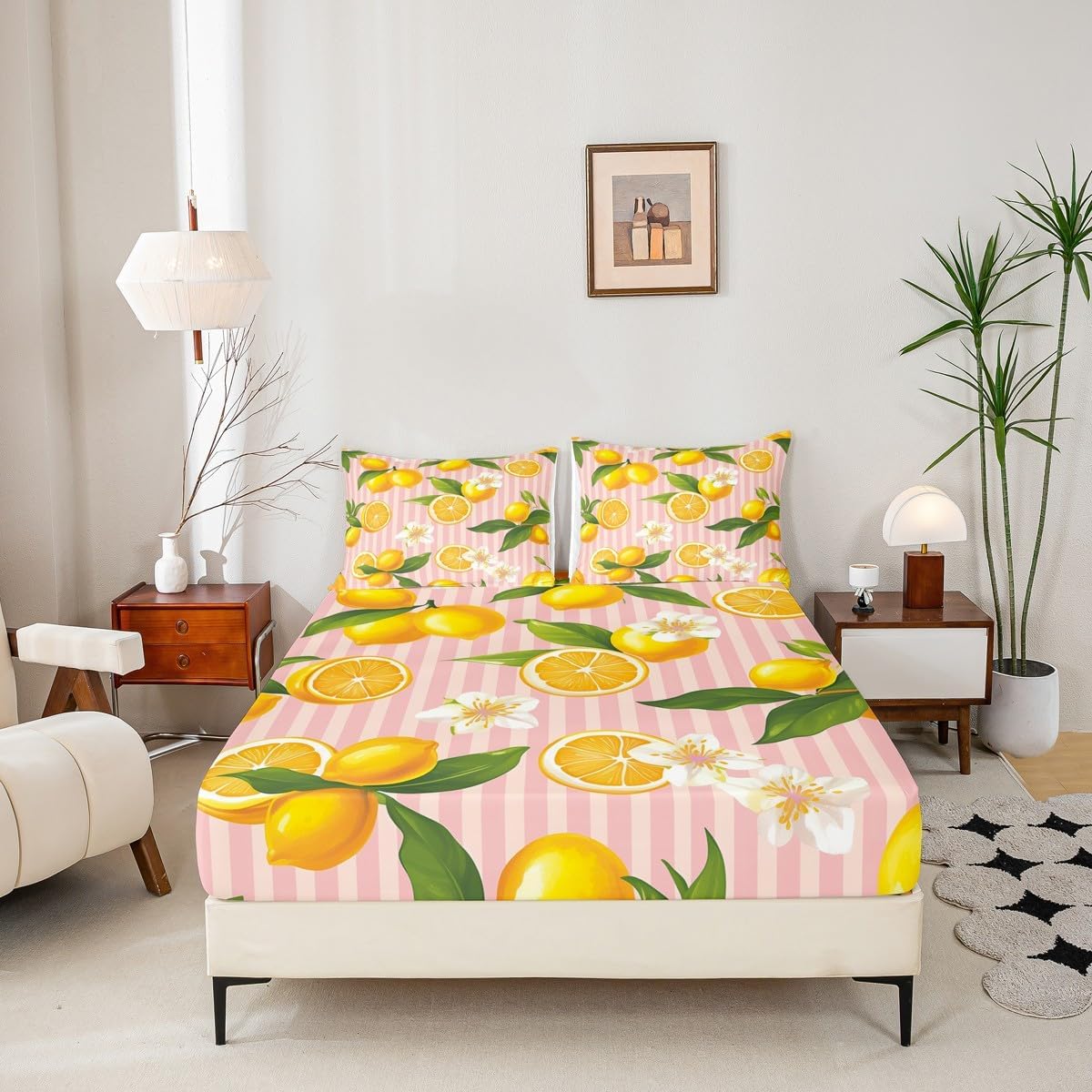 Yellow Lemon Fitted Sheet Queen Size for Kids Boys Girls Citrus Bed Sheets Set 16" Deep Pocket Soft Breathable Microfiber Botanical Lemon Pattern Bedding with 2 Pillowcases Tropical Fruit