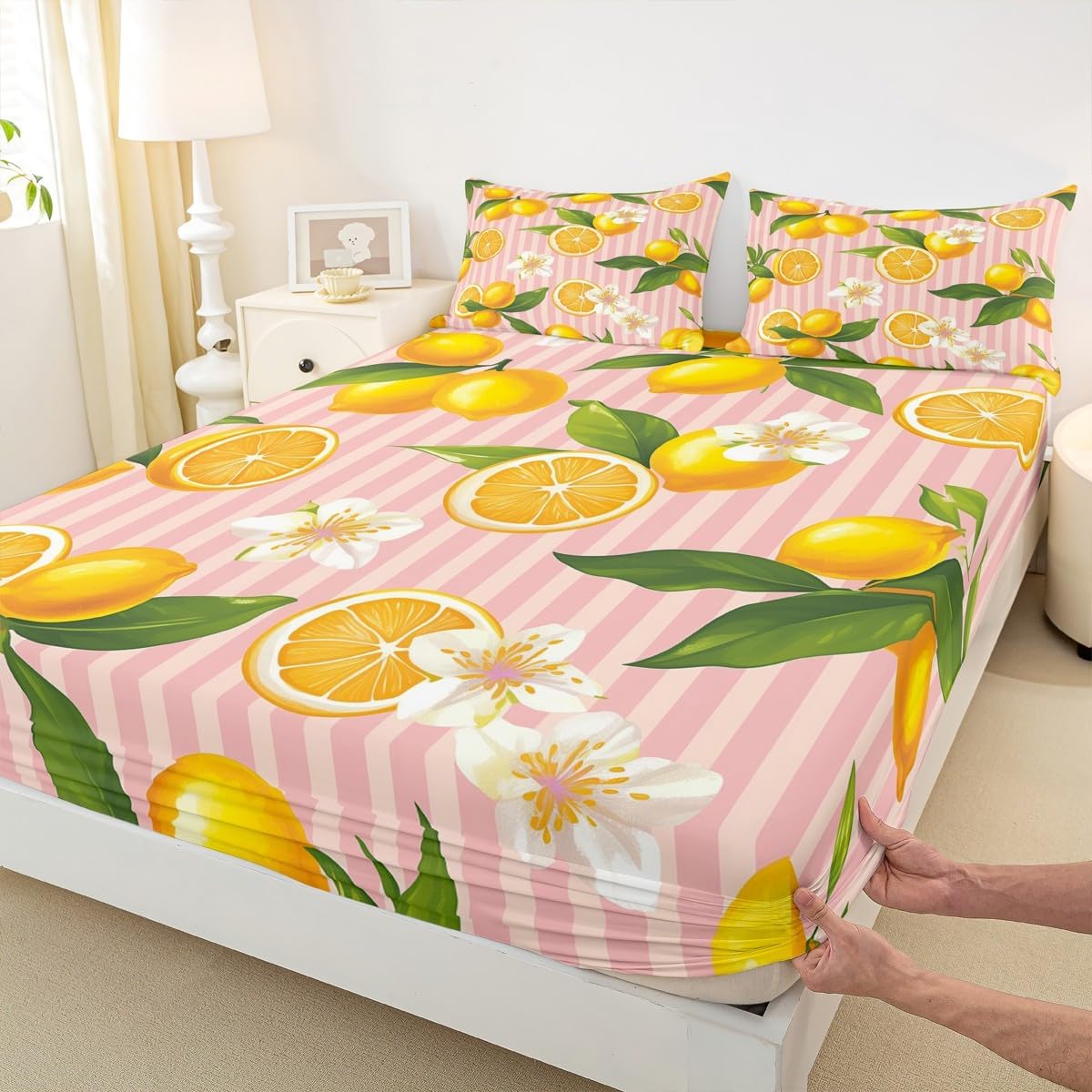 Yellow Lemon Fitted Sheet Queen Size for Kids Boys Girls Citrus Bed Sheets Set 16" Deep Pocket Soft Breathable Microfiber Botanical Lemon Pattern Bedding with 2 Pillowcases Tropical Fruit