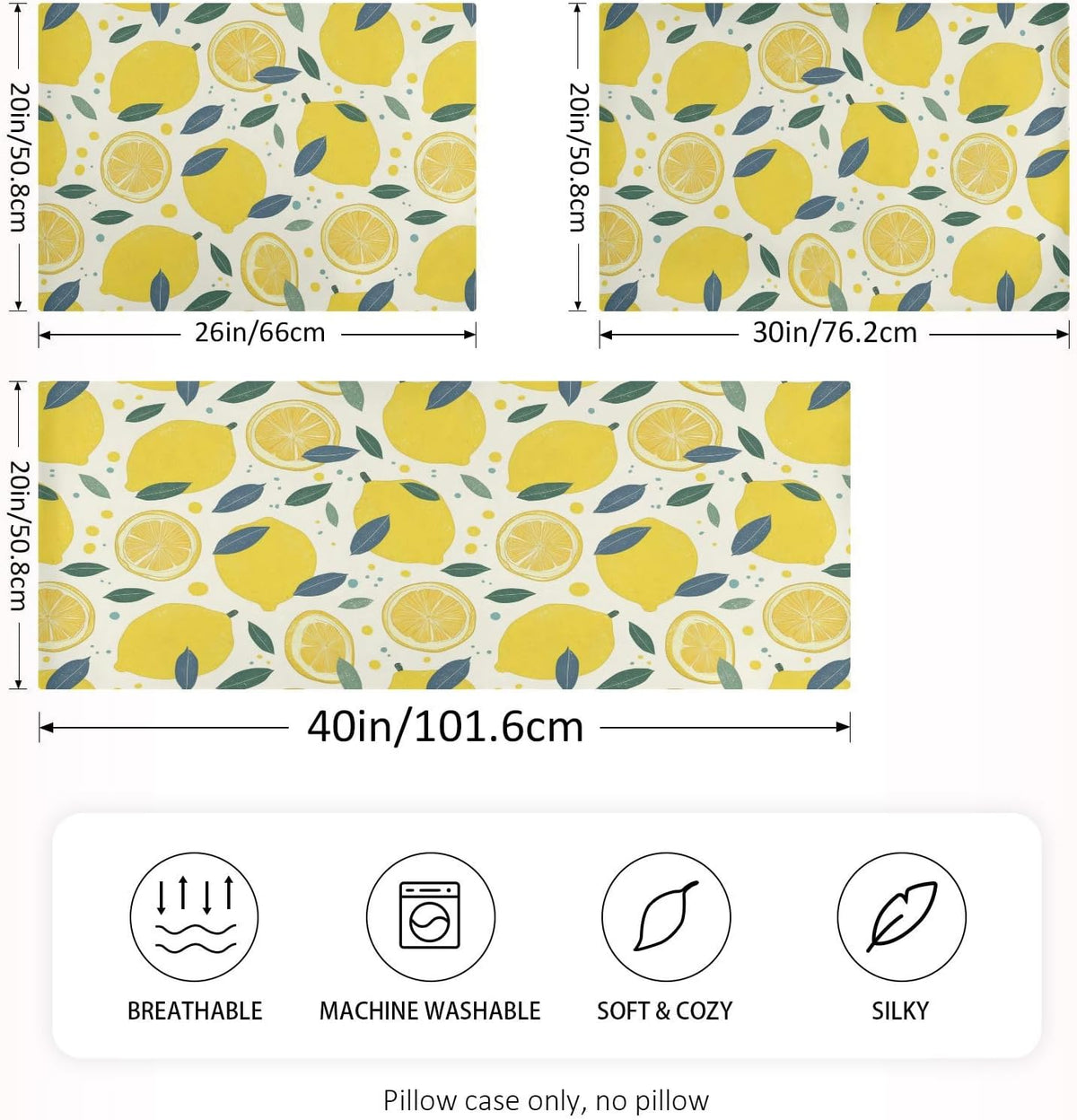 Lemon Slices Satin Pillowcase with Envelope Closure Yellow Standard Size Pillow Case, Silky Pillow Cover for Home Bedroom Sofa 20x26 in