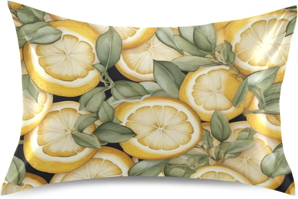 Yellow Lemons Leave Satin Pillowcase for Hair and Skin Body Bedding Pillowcases Standard Size 20"X26" Flannel Pillow Cases with Envelope Closure for Pillow
