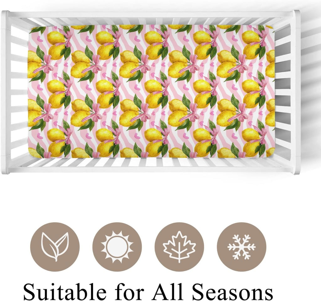 Cute Lemons Bows Stripes Pink Baby Crib Sheets for Boy Girl 52x28Inch Yellow Lemon Heart Baby Sheet for Standard Crib and Toddler Bed Mattress Nursery Summer Fruit Bed Mattress Sheets