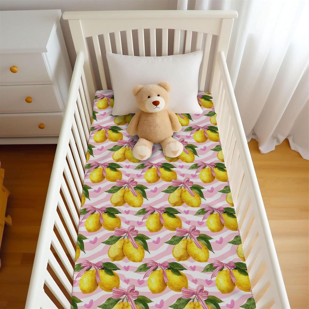 Cute Lemons Bows Stripes Pink Baby Crib Sheets for Boy Girl 52x28Inch Yellow Lemon Heart Baby Sheet for Standard Crib and Toddler Bed Mattress Nursery Summer Fruit Bed Mattress Sheets