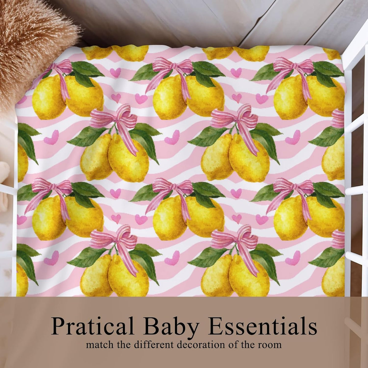 Cute Lemons Bows Stripes Pink Baby Crib Sheets for Boy Girl 52x28Inch Yellow Lemon Heart Baby Sheet for Standard Crib and Toddler Bed Mattress Nursery Summer Fruit Bed Mattress Sheets