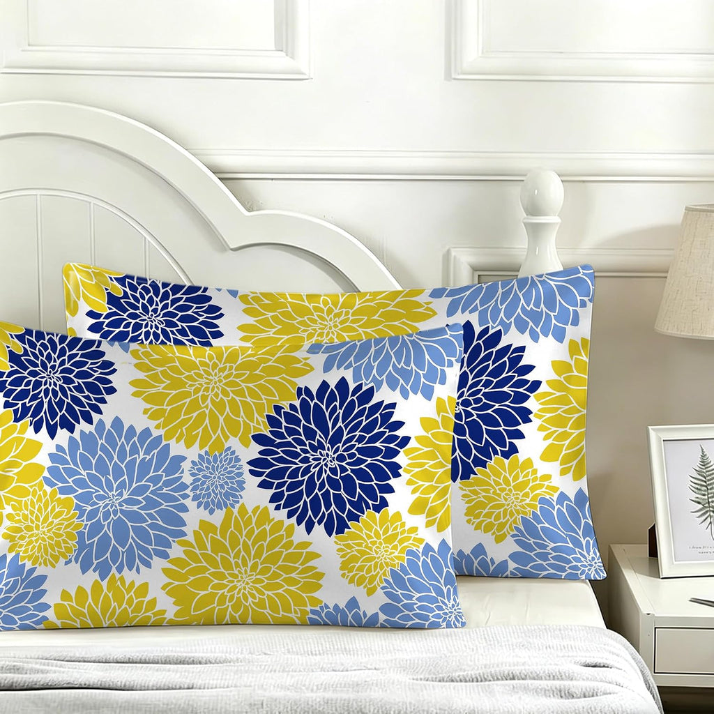 Yellow Navy Blue Flower Satin Pillowcase for Hair and Skin 1 Pack,Soft and Cooling Similar to Silk Pillow Cases with Hidden Zipper, Gift for Women Men(20"x30" Queen Size