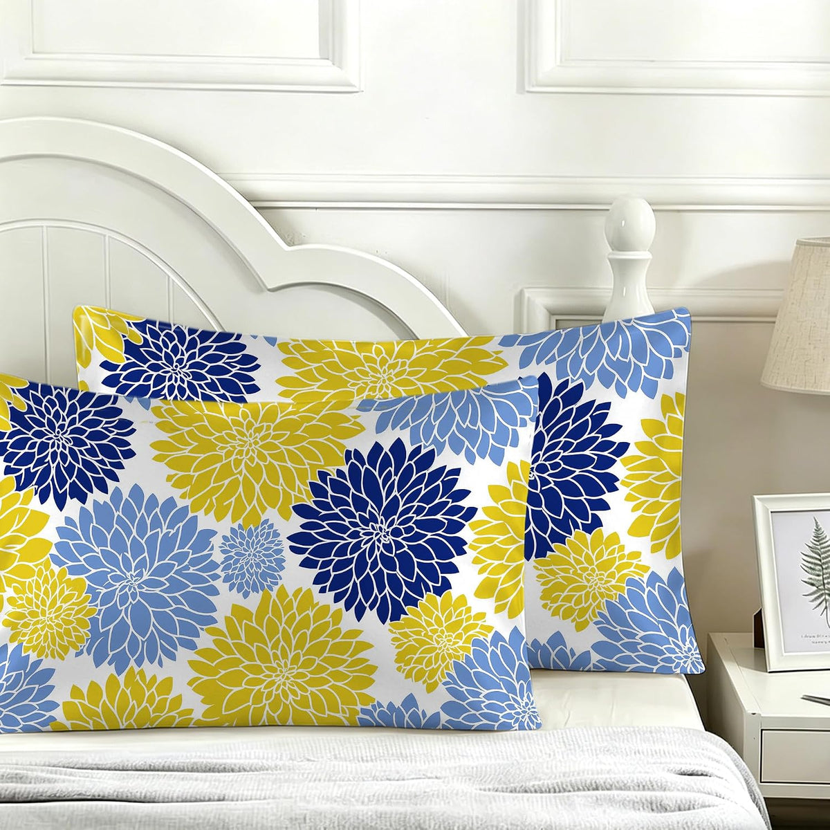 Yellow Navy Blue Flower Satin Pillowcase for Hair and Skin 1 Pack,Soft and Cooling Similar to Silk Pillow Cases with Hidden Zipper, Gift for Women Men(20"x30" Queen Size