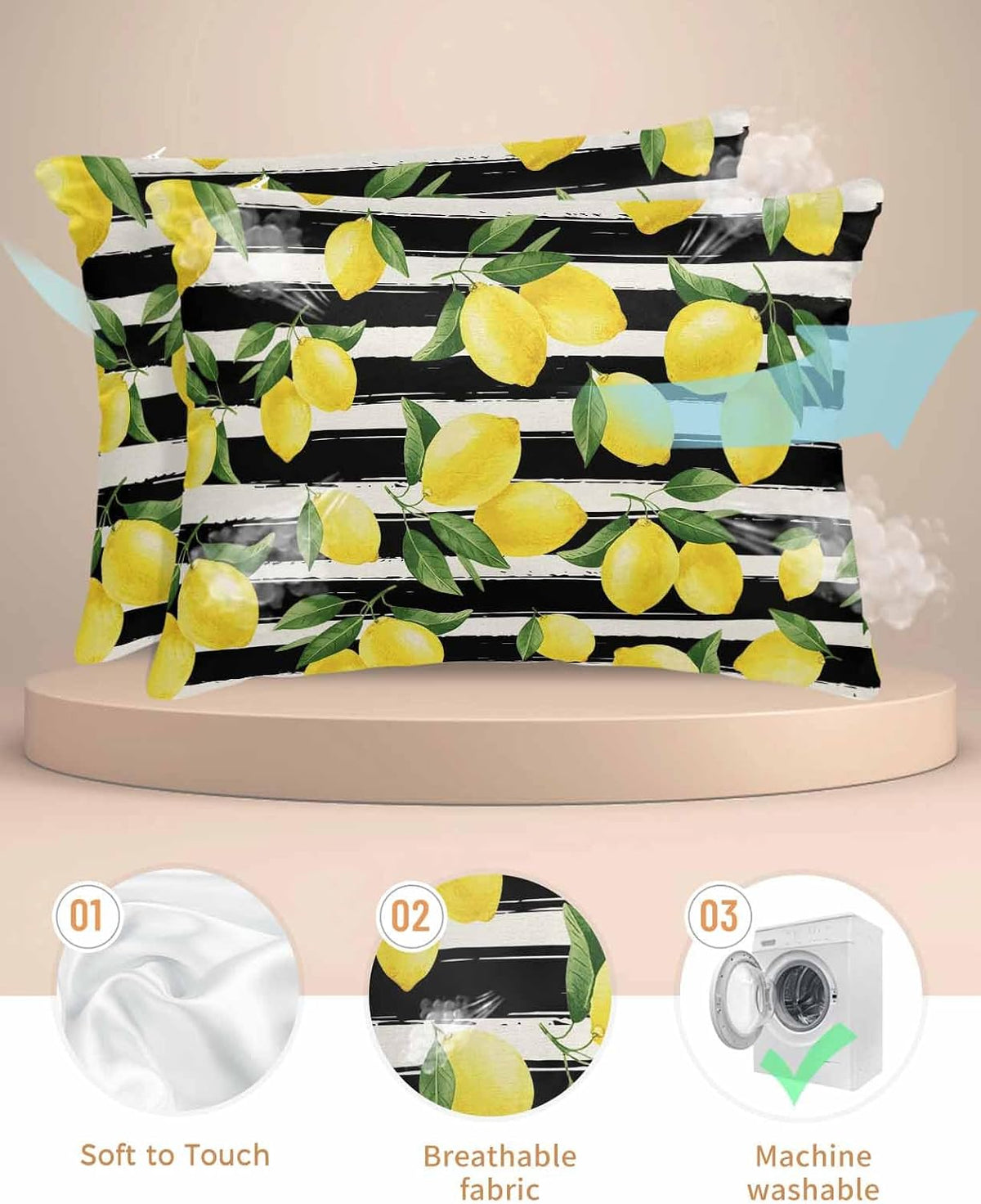 Yellow Lemons Pillow Cases Standard Size Set of 2, Satin Pillowcase for Hair and Skin, Summer Citrus Fruits Leaves Black Stripes Throw Pillow Covers Cooling Pillow Protector with Zipper 20"x26"x2