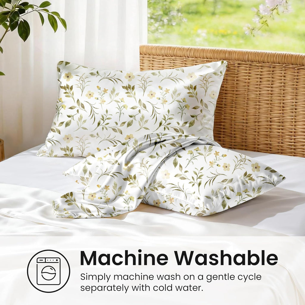 EXQ Home Satin Pillowcase for Hair and Skin Queen - Printed Yellow Sprig