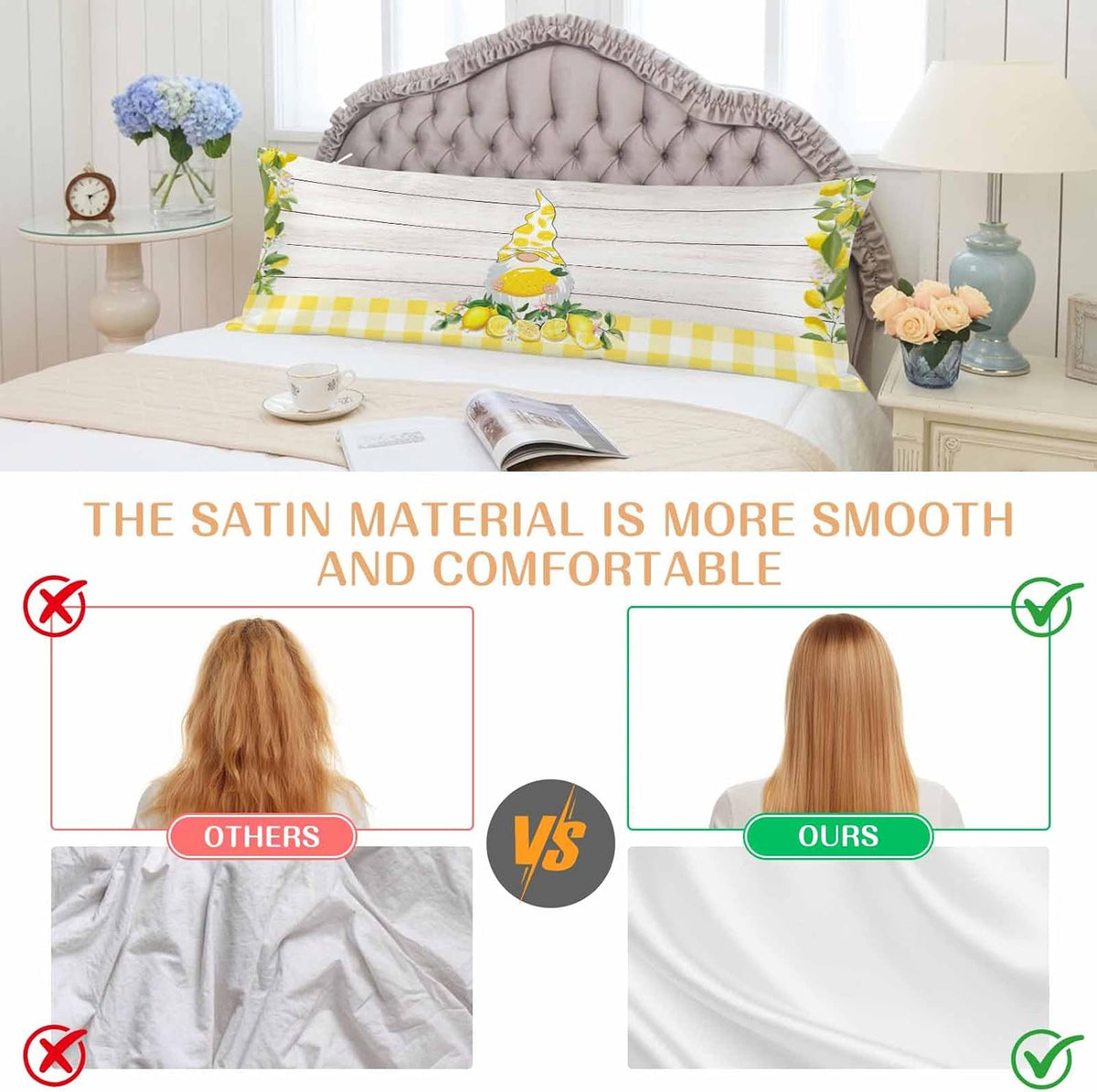 Vintage Fruit Gnome Body Size Pillowcases, Summer Lemon Yellow Buffalo Wooden Satin Pillow Case Cover with Smooth Hidden Zipper Closure, Soft Throw Pillow Covers Cases for Home Decor 20 X 54 Inches