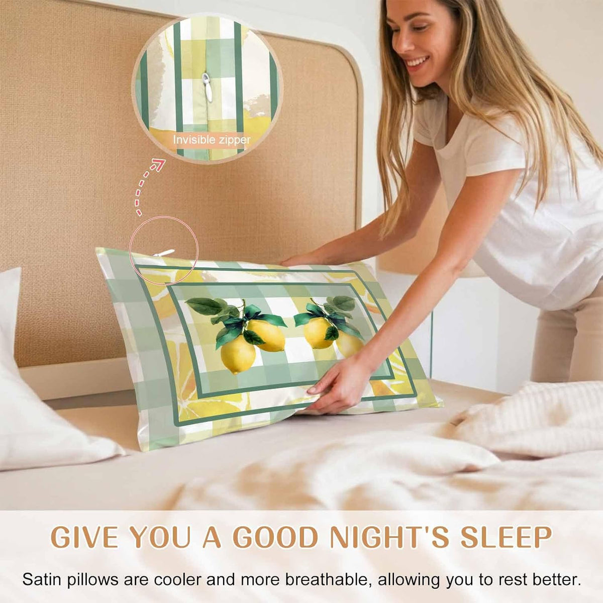 Lemon Pillow Cases Standard Size Set of 2, Botanical Fruit Leaves Bow Yellow Green Striped Satin Pillowcase with Zipper for Hair/Skin, Decorative Pillow Covers for Bed/Couch/Sofa, 20x26 Inches