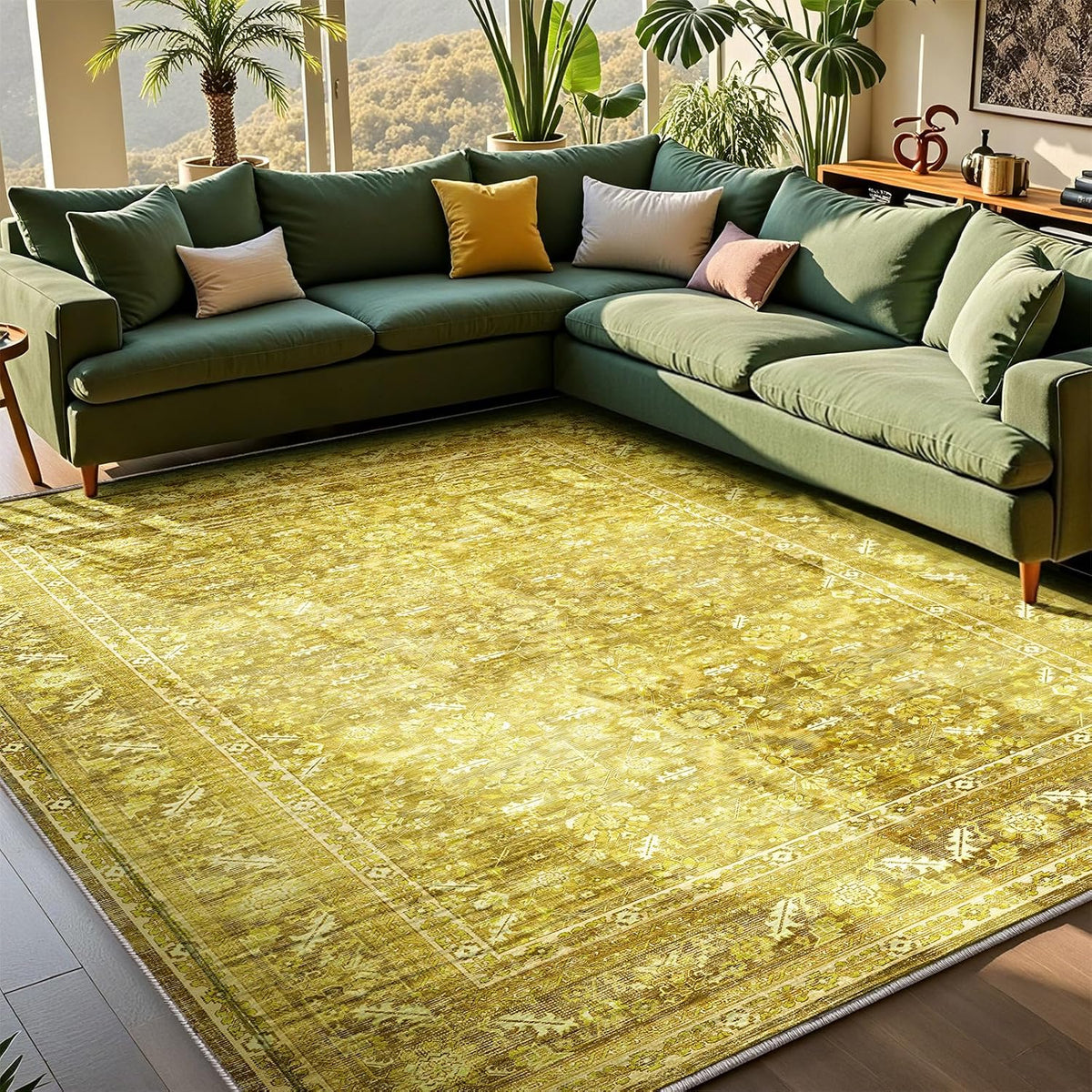 Vintage Yellow Area Rugs 5x7, Washable Rug for Living Room