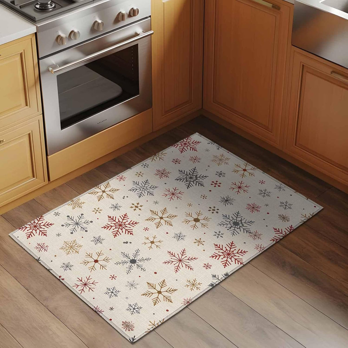 Merry Christmas 2x3 Area Rugs for Living Room, Watercolors Winter Red Yellow Grey Snowflakes Linen Texture Non Slip Floor Mat Washable Low-Profile Indoor Carpet for Bedroom, Dining Room, Bathroom
