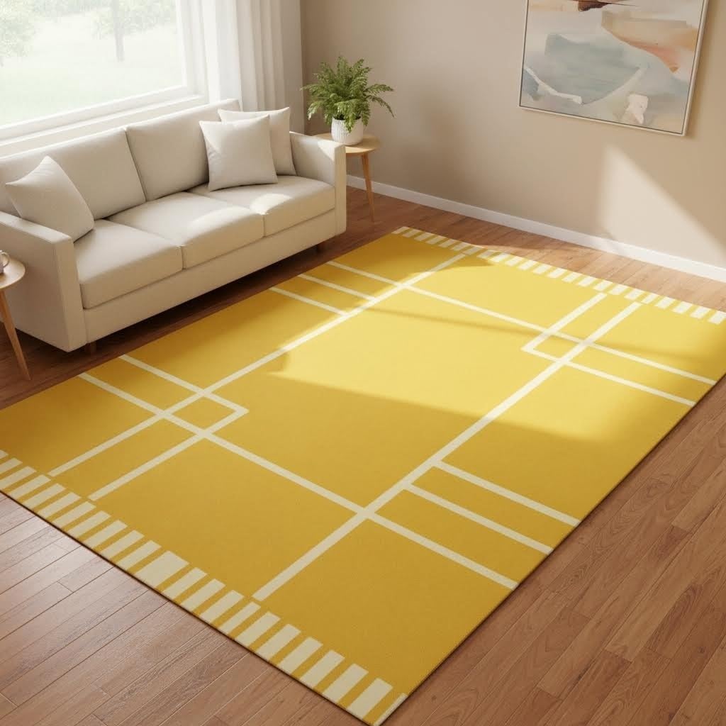 Modern Geometric Area Rug 4x6 Mid Century Modern Yellow Rug for Living Room Bedroom Home Office Low Pile Washable Indoor Carpet Contemporary Abstract Line Decor Nursery Apartment Non Slip Large Rugs