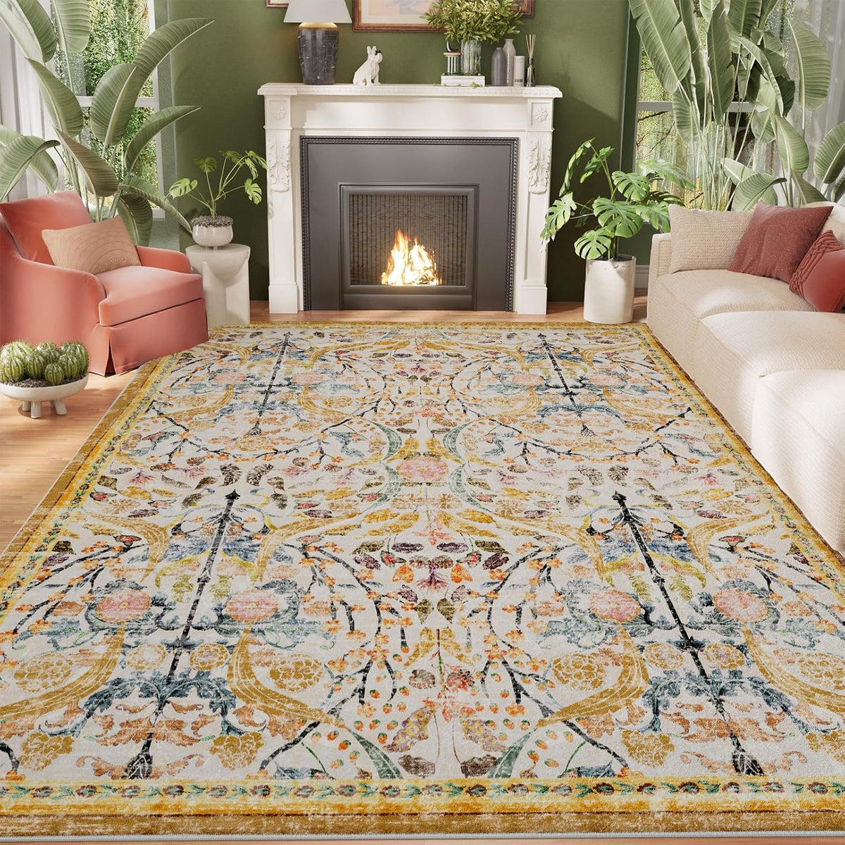6x9 Washable Area Rugs for Living Room, Non-Slip Large Soft Boho Floral Vintage Accent Print Carpet for Bedroom Dorm Nursery Room Dining Room Farmhouse Home Office, Golden Yellow
