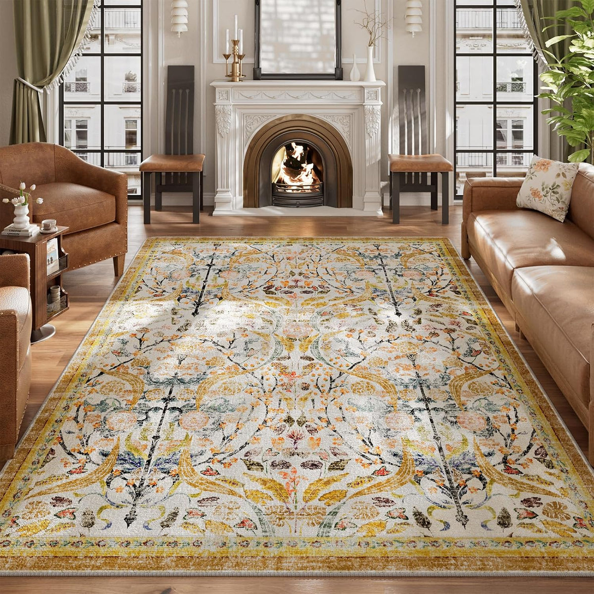 6x9 Washable Area Rugs for Living Room, Non-Slip Large Soft Boho Floral Vintage Accent Print Carpet for Bedroom Dorm Nursery Room Dining Room Farmhouse Home Office, Golden Yellow
