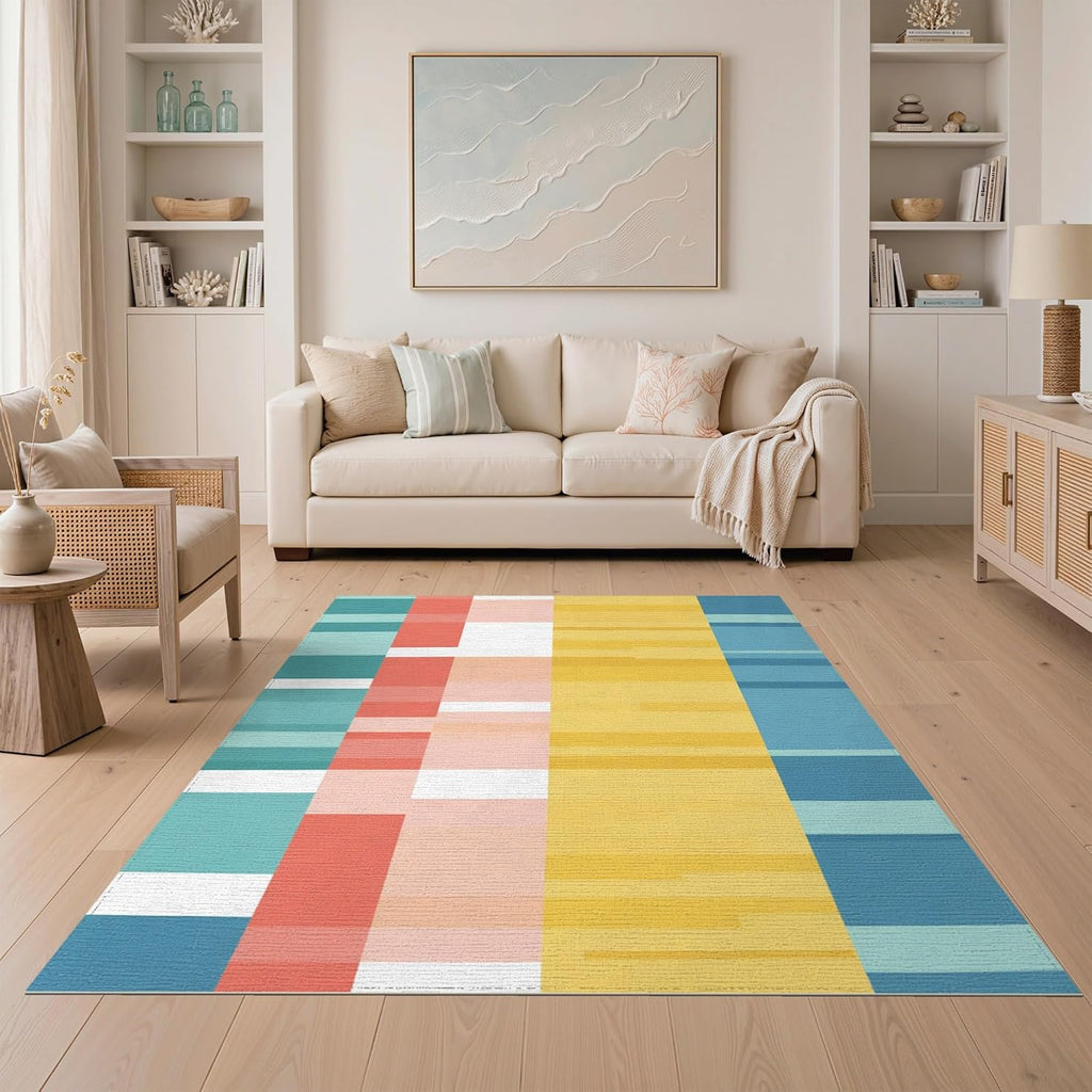 5'x7' Teal Geometric Patchwork Stripes Washable Area Rug