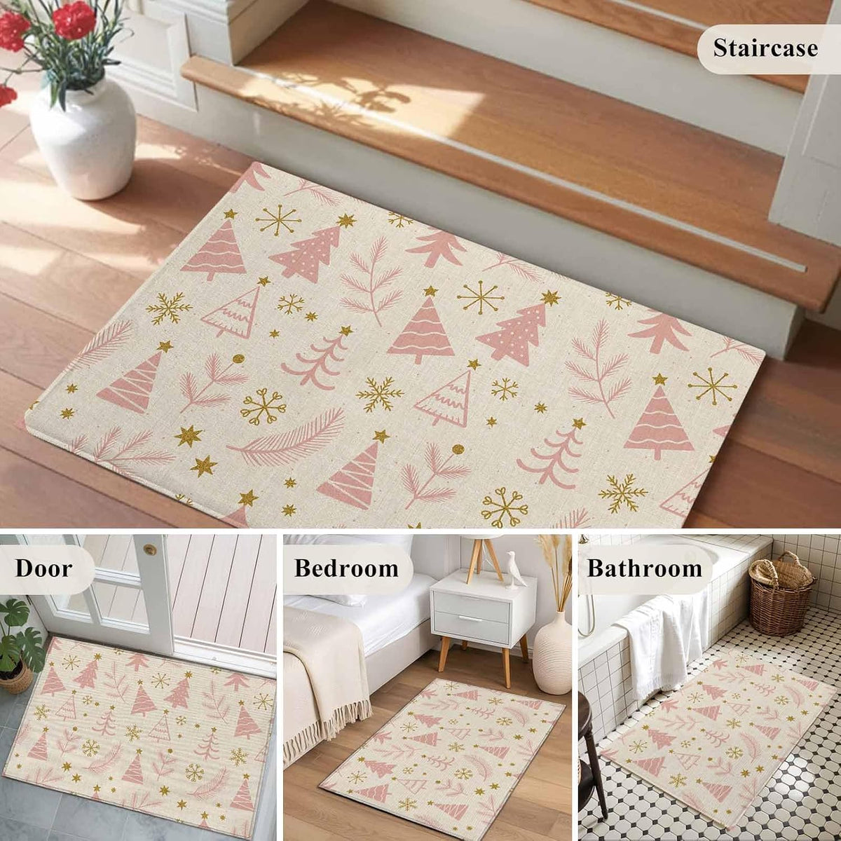 Pink Christmas Tree 2x3 Area Rugs for Living Room, Vintage Yellow Star Snowflakes Winter Non Slip Floor Mat Washable Low-Profile Indoor Carpet for Bedroom, Dining Room, Bathroom