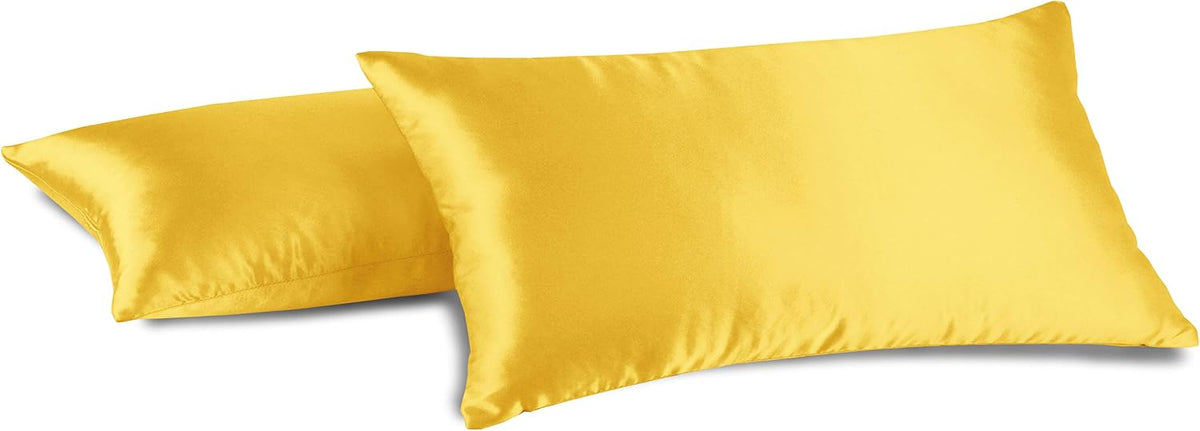 Aiking Home 100% Polyester Bridal Satin Luxury Pillowcases – Set of 2 Invisible Zipper Pillowcases - Machine Washable - (Queen 20x30 inch, Yellow)