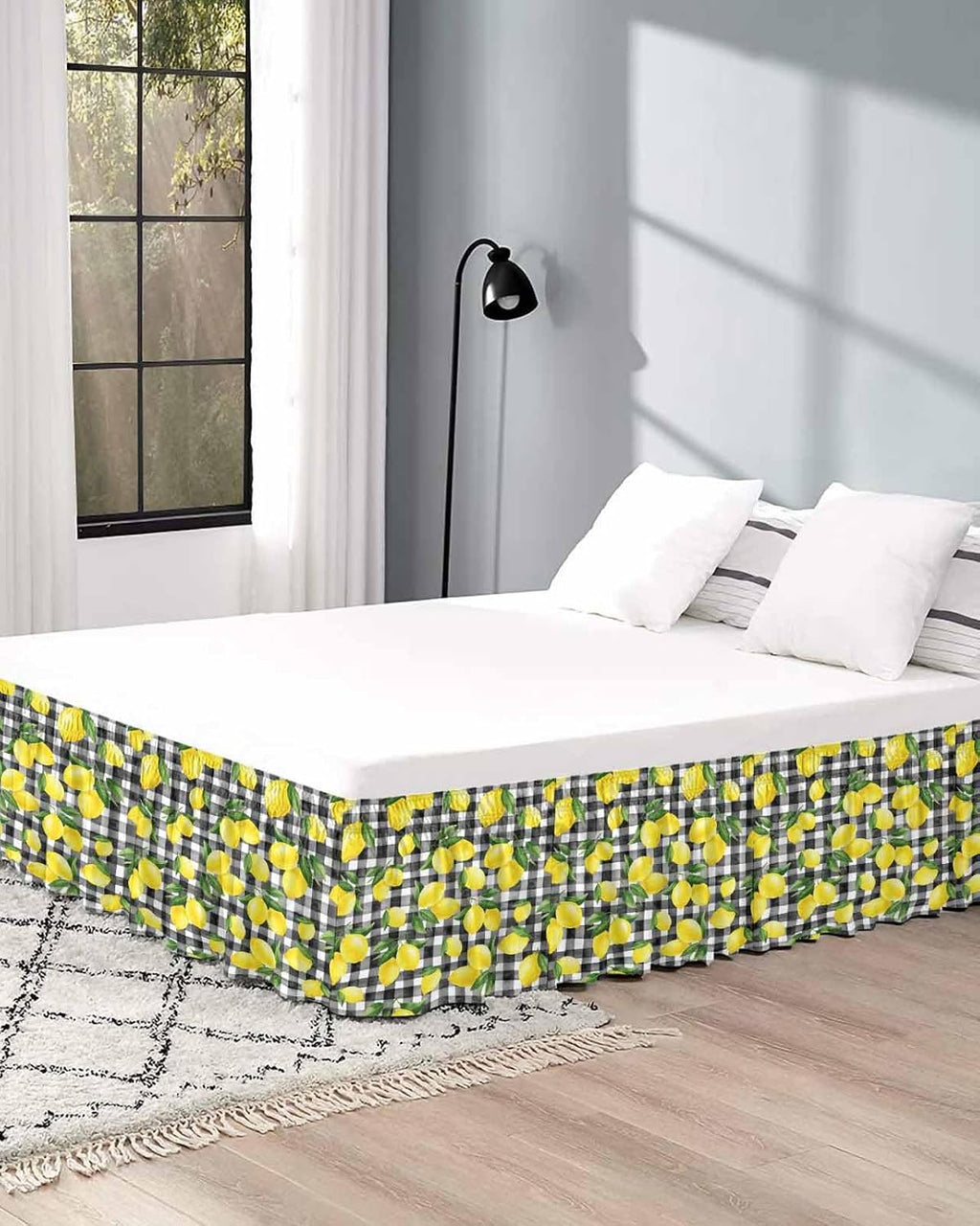 Yellow Lemons Bed Skirt Queen Size 16 Inch Drop, Adjustable Elastic Wrap Around Bed Skirts Easy Fitting Dust Ruffle Bedskirt Bed Frame Cover Summer Fruits Leaves Black White Buffalo Plaid