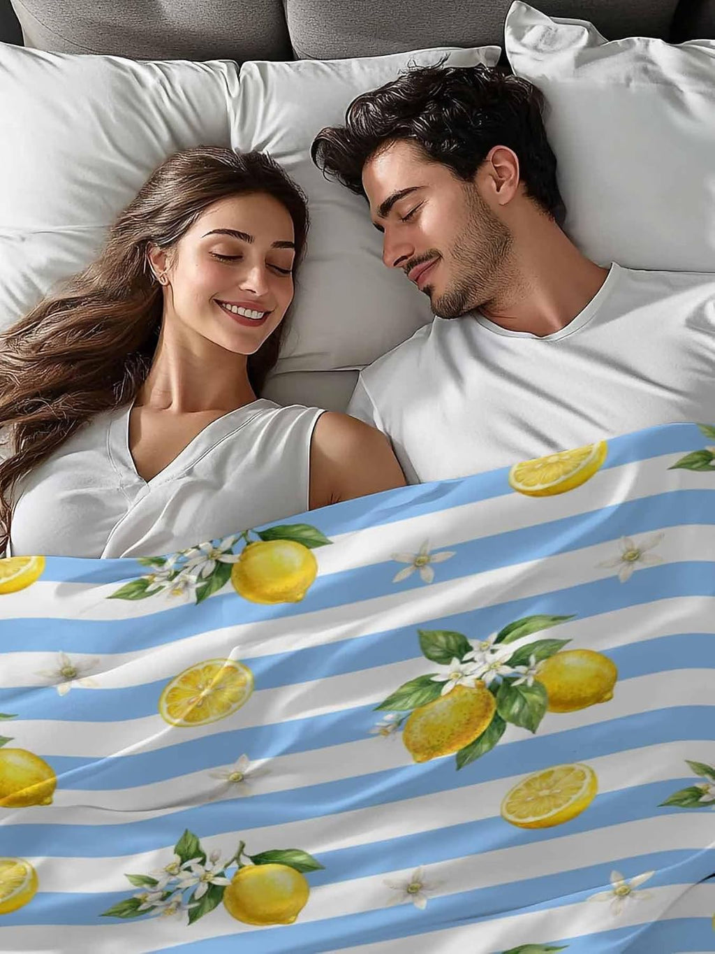 Queen Size Top Sheet Only, Summer Lemon Flower Leaf Flat Sheet Microfiber Breathable Soft Bed Sheets, Yellow Fruit Blue White Stripe Hotel Bedding Flat Sheets for Bedroom