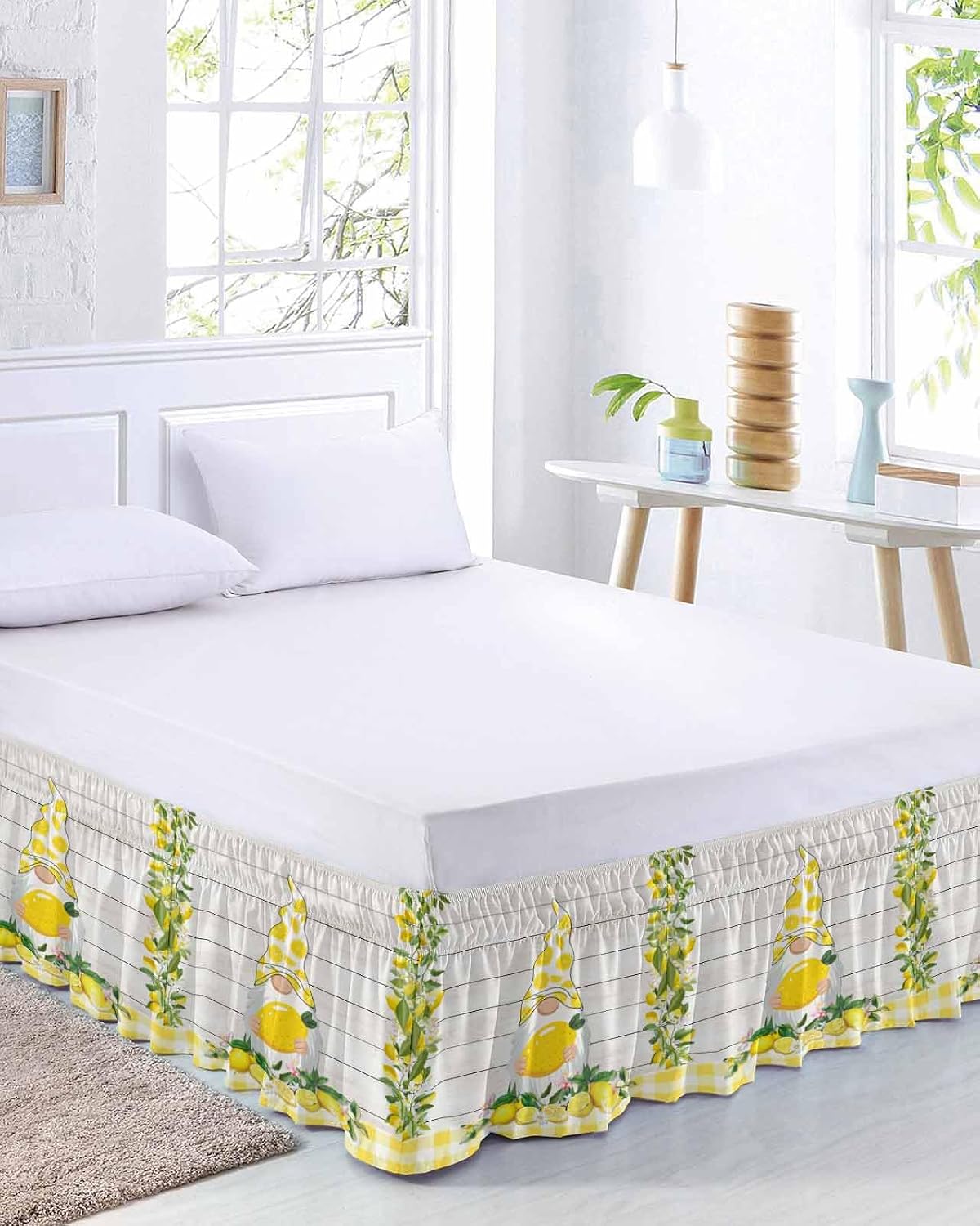 Lemon Gnomes Bed Skirt Queen Size 16 Inch Drop, Adjustable Elastic Wrap Around Bed Skirts Easy Fitting Dust Ruffle Bedskirt Bed Frame Cover Summer Country Yellow Fruit Wooden Plaid