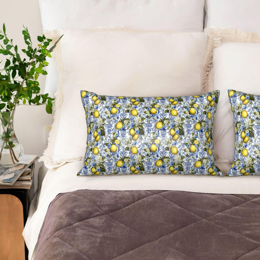 Yellow Lemon Sky Blue Floral Print Satin Pillowcase for Hair and Skin, 20x30 Inches Pillow Cases, Queen Size Pillowcases with Zipper, Similar to Silk Pillow Covers