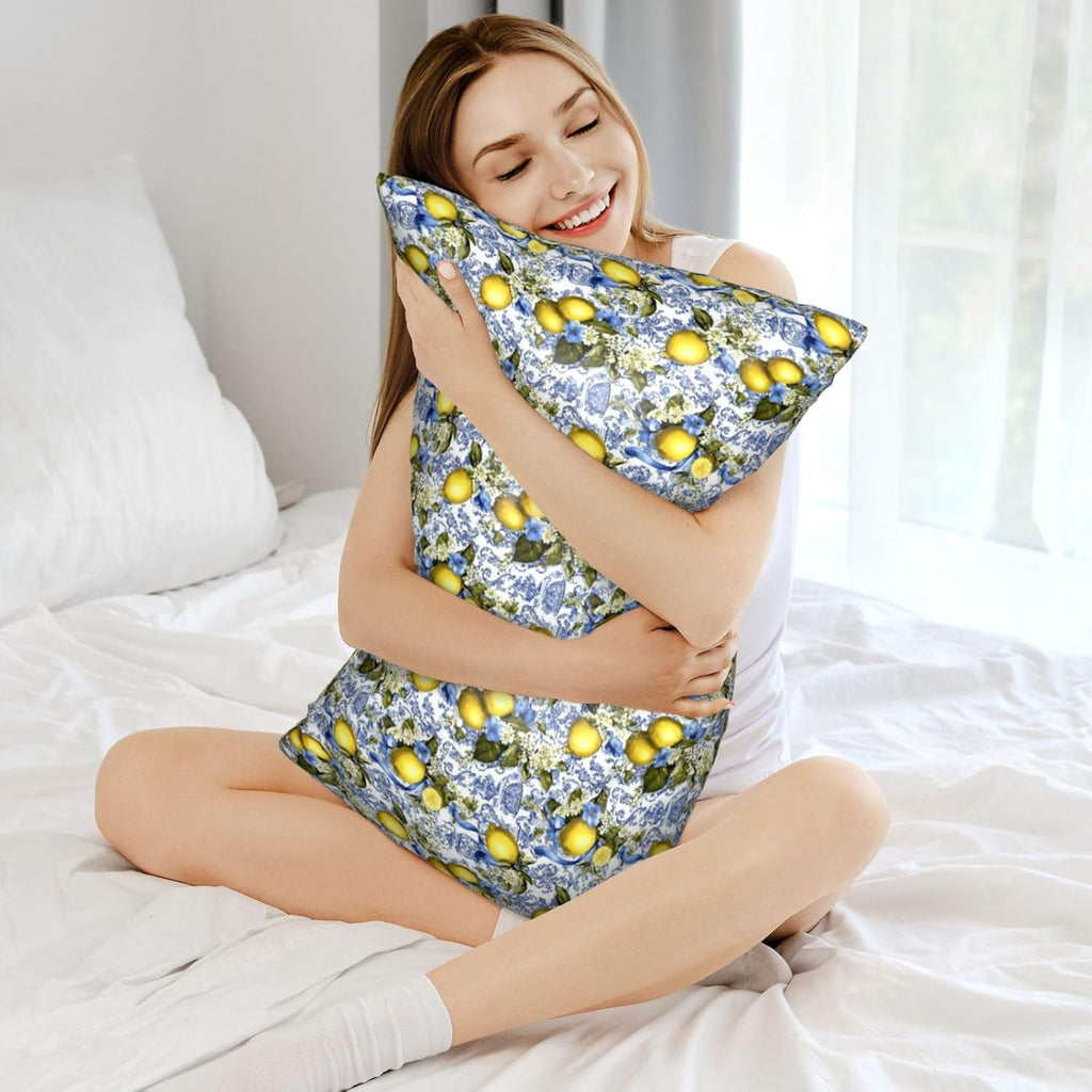 Yellow Lemon Sky Blue Floral Print Satin Pillowcase for Hair and Skin, 20x30 Inches Pillow Cases, Queen Size Pillowcases with Zipper, Similar to Silk Pillow Covers