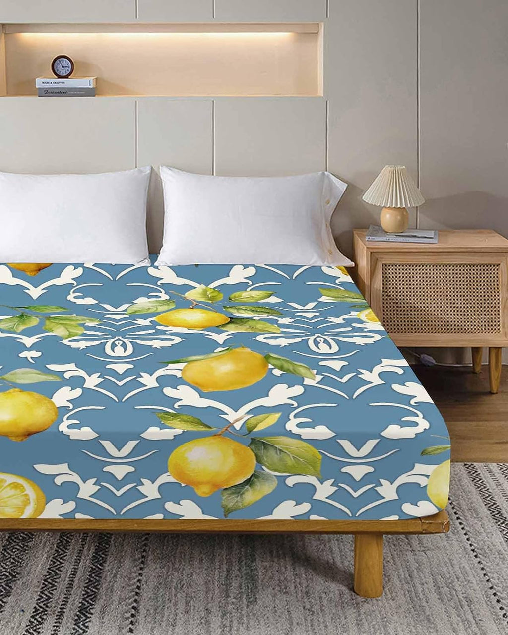Twin Size Top Sheet Only, Summer Lemon Leaves Yellow Fruit Flat Sheet Microfiber Breathable Soft Bed Sheet, Abstract Floral Pattern on Blue Hotel Luxury Bedding Flat Sheets for Bedroom