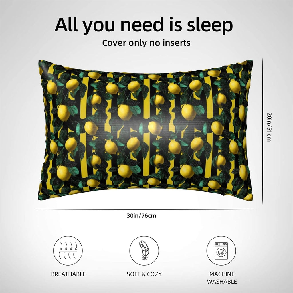 Yellow Black Striped Lemon Print Satin Pillowcase for Hair and Skin, 20x30 Inches Pillow Cases, Queen Size Pillowcases with Zipper, Similar to Silk Pillow Covers